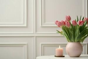 AI generated Beautiful tulips and burning candle on white table indoors, space for text. Interior design. generative ai. photo