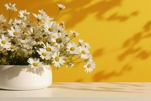 AI generated Realistic 3D render blank empty stylish white marble products display podium with beautiful white bellis perennis daisy bouquet and foliage shadow on bright mustard yellow wall. photo