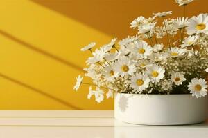 AI generated Realistic 3D render blank empty stylish white marble products display podium with beautiful white bellis perennis daisy bouquet and foliage shadow on bright mustard yellow wall. photo