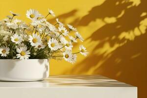 AI generated Realistic 3D render blank empty stylish white marble products display podium with beautiful white bellis perennis daisy bouquet and foliage shadow on bright mustard yellow wall. photo