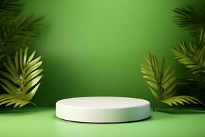 AI generated White product podium and tropical palm leaves shadow on green background. Background for product presentation. generative ai. photo