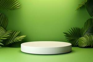 AI generated White product podium and tropical palm leaves shadow on green background. Background for product presentation. generative ai. photo