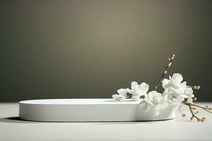 AI generated Geometric empty podium platform stand for product presentation and spring flowering tree branch with white lilac flowers on white background. generative ai. photo