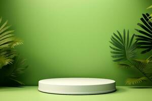 AI generated White product podium and tropical palm leaves shadow on green background. Background for product presentation. generative ai. photo