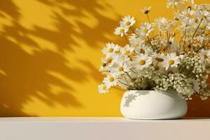 AI generated Realistic 3D render blank empty stylish white marble products display podium with beautiful white bellis perennis daisy bouquet and foliage shadow on bright mustard yellow wall. photo