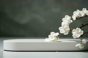 AI generated Geometric empty podium platform stand for product presentation and spring flowering tree branch with white lilac flowers on white background. generative ai. photo