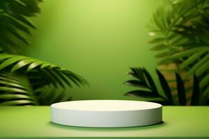 AI generated White product podium and tropical palm leaves shadow on green background. Background for product presentation. generative ai. photo