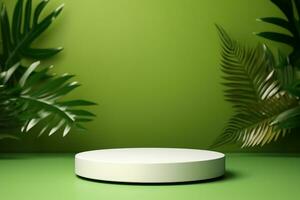AI generated White product podium and tropical palm leaves shadow on green background. Background for product presentation. generative ai. photo