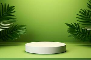 AI generated White product podium and tropical palm leaves shadow on green background. Background for product presentation. generative ai. photo