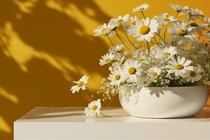 AI generated Realistic 3D render blank empty stylish white marble products display podium with beautiful white bellis perennis daisy bouquet and foliage shadow on bright mustard yellow wall. photo