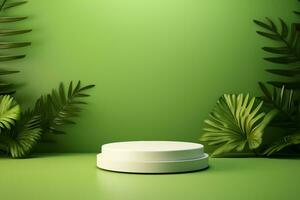AI generated White product podium and tropical palm leaves shadow on green background. Background for product presentation. generative ai. photo