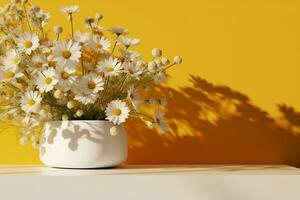 AI generated Realistic 3D render blank empty stylish white marble products display podium with beautiful white bellis perennis daisy bouquet and foliage shadow on bright mustard yellow wall. photo