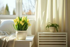 AI generated concept of home gardening. Zamioculcas in flowerpot on windowsill. Home plants on the windowsill. Green Home plants in a pot on windowsill at home. generative ai. photo