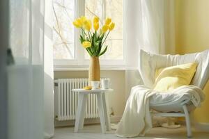 ai generado ligero primavera dormitorio interior, cama, blanco silla, vaso con amarillo tulipán, ventana ligero cortinas, pastel colores. generativo ai. foto