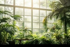 AI generated Green plants in botanical garden indoor. Sunshine in panoramic window. Fresh natural background. generative ai. photo