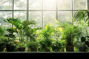 AI generated Green plants in botanical garden indoor. Sunshine in panoramic window. Fresh natural background. generative ai. photo