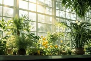 AI generated Green plants in botanical garden indoor. Sunshine in panoramic window. Fresh natural background. generative ai. photo