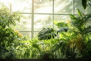 AI generated Green plants in botanical garden indoor. Sunshine in panoramic window. Fresh natural background. generative ai. photo