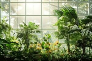 AI generated Green plants in botanical garden indoor. Sunshine in panoramic window. Fresh natural background. generative ai. photo