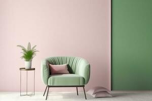 ai generado interior con un suave verde Sillón en un rosado pared antecedentes. 3d ilustración, 3d prestar. generativo ai. foto