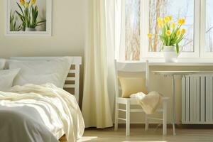 ai generado ligero primavera dormitorio interior, cama, blanco silla, vaso con amarillo tulipán, ventana ligero cortinas, pastel colores. generativo ai. foto