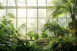 AI generated Green plants in botanical garden indoor. Sunshine in panoramic window. Fresh natural background. generative ai. photo