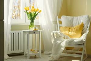 ai generado ligero primavera dormitorio interior, cama, blanco silla, vaso con amarillo tulipán, ventana ligero cortinas, pastel colores. generativo ai. foto