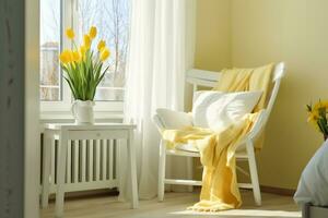 AI generated Light spring bedroom interior, bed, white chair, glass with yellow tulip, window light curtains, pastel colors. generative ai. photo