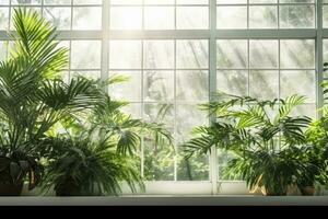 AI generated Green plants in botanical garden indoor. Sunshine in panoramic window. Fresh natural background. generative ai. photo