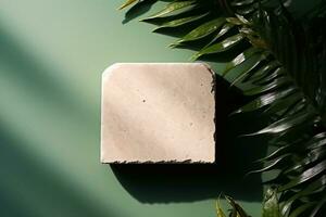 AI generated stone display flat lay podium ongreen background and palm shadow. Product promotion Beauty cosmetic showcase. generative ai. photo