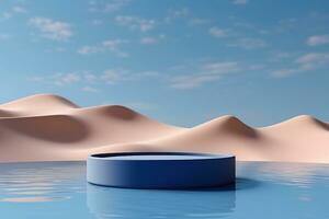 AI generated 3D display podium background. Nature blue sky minimal stand pedestal. Wavy water. Beauty, cosmetic product presentation scene. Summer landscape banner template 3d render. generative ai. photo