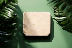 AI generated stone display flat lay podium ongreen background and palm shadow. Product promotion Beauty cosmetic showcase. generative ai. photo
