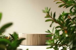 AI generated Wooden product display podium with blurred nature leaves on brown background. 3D rendering. generative ai. photo