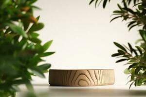 AI generated Wooden product display podium with blurred nature leaves on brown background. 3D rendering. generative ai. photo