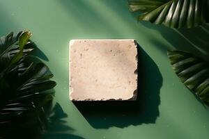 AI generated stone display flat lay podium ongreen background and palm shadow. Product promotion Beauty cosmetic showcase. generative ai. photo