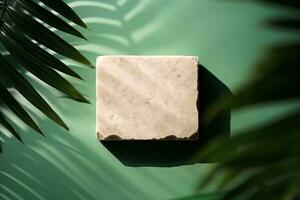 AI generated stone display flat lay podium ongreen background and palm shadow. Product promotion Beauty cosmetic showcase. generative ai. photo