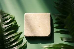 AI generated stone display flat lay podium ongreen background and palm shadow. Product promotion Beauty cosmetic showcase. generative ai. photo