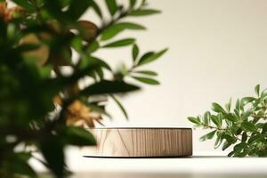 AI generated Wooden product display podium with blurred nature leaves on brown background. 3D rendering. generative ai. photo