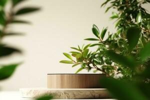 AI generated Wooden product display podium with blurred nature leaves on brown background. 3D rendering. generative ai. photo