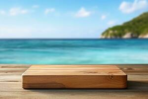 AI generated Wooden table with a podium and free space for your products. Summer holiday day and seascape. generative ai. photo