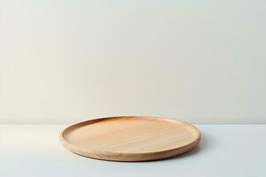 AI generated Beige wooden dish on white. Food or product podium. generative ai. photo