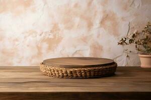 Empty wooden podium with wicker place mat on table over stone wall background. Kitchen mock up for design and product display. generative ai. photo