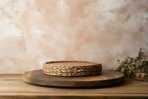 Empty wooden podium with wicker place mat on table over stone wall background. Kitchen mock up for design and product display. generative ai. photo