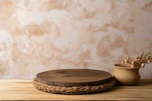 Empty wooden podium with wicker place mat on table over stone wall background. Kitchen mock up for design and product display. generative ai. photo