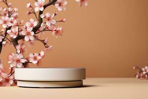 AI generated Product display podium with blossom flowers on brown background. generative ai. photo