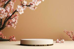 AI generated Product display podium with blossom flowers on brown background. generative ai. photo