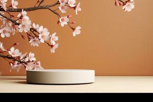 AI generated Product display podium with blossom flowers on brown background. generative ai. photo