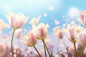 ai generado hermosa floreciente tulipán campo en resumen azul cielo en primavera, floral concepto. generativo ai. foto