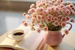 ai generado de cerca de pequeño rosado flores ramo de flores en vaso florero con borroso suave enfocado antecedentes de rosado taza de té o café y abrió libro por el ventana. lento vivo concepto. generativo ai. foto