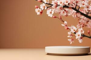 AI generated Product display podium with blossom flowers on brown background. generative ai. photo